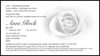 Anzeige von Anni Glock von Kölner Stadt-Anzeiger / Kölnische Rundschau / Express