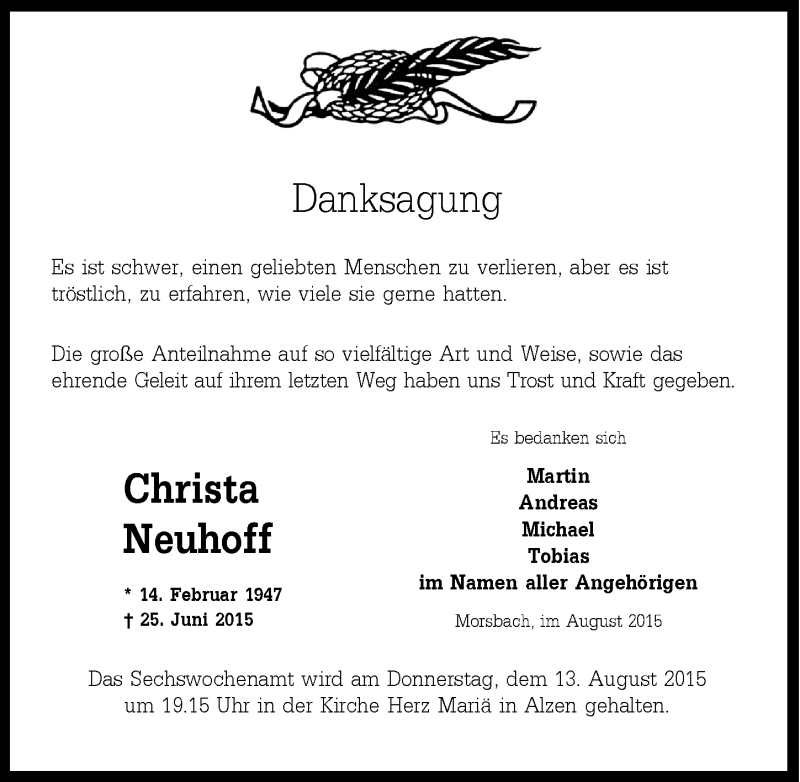  Traueranzeige für Christa Neuhoff vom 05.08.2015 aus  Lokalanzeiger 
