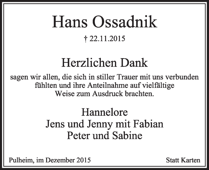  Traueranzeige für Hans Ossadnik vom 12.12.2015 aus  Sonntags-Post 