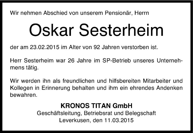  Traueranzeige für Oskar Sesterheim vom 11.03.2015 aus Kölner Stadt-Anzeiger / Kölnische Rundschau / Express