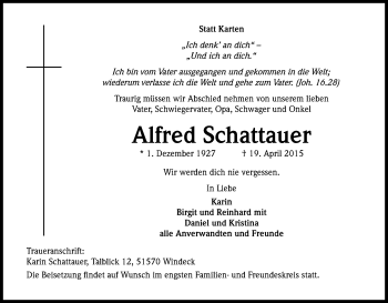 Anzeige von Alfred Schattauer von Kölner Stadt-Anzeiger / Kölnische Rundschau / Express