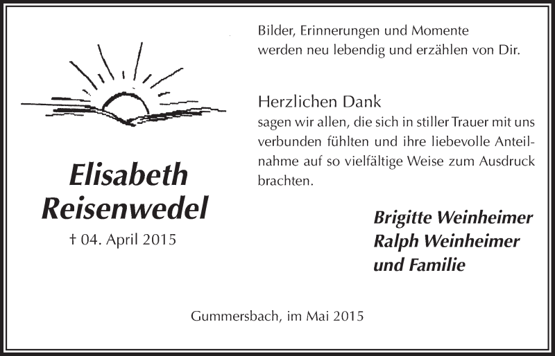  Traueranzeige für Elisabeth Reisenwedel vom 06.05.2015 aus  Anzeigen Echo 