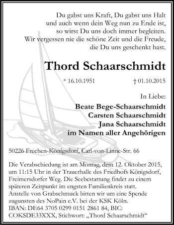 Anzeige von Thord Schaarschmidt von Kölner Stadt-Anzeiger / Kölnische Rundschau / Express