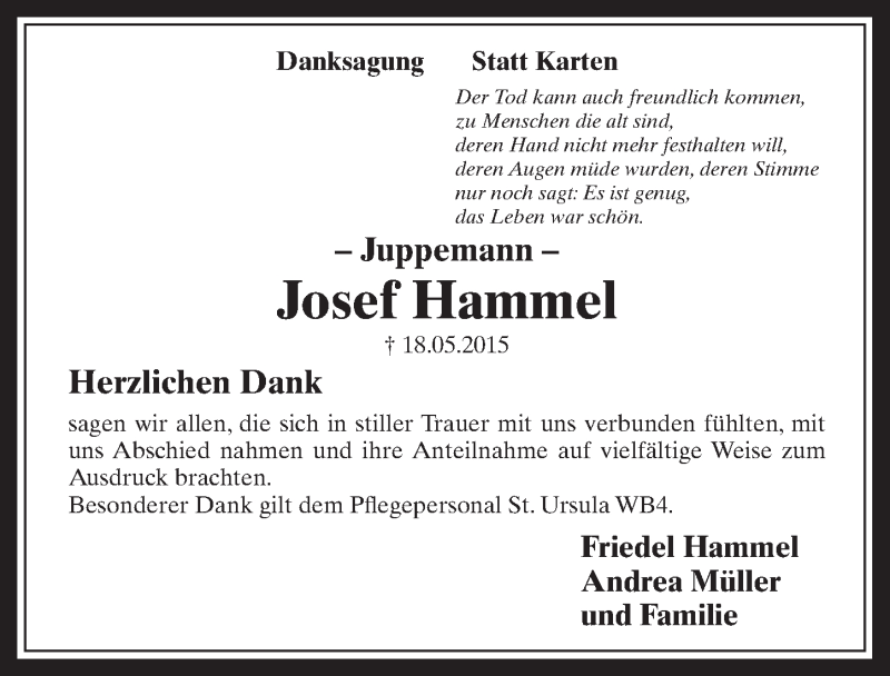  Traueranzeige für Josef Hammel vom 17.06.2015 aus  Wochenende 