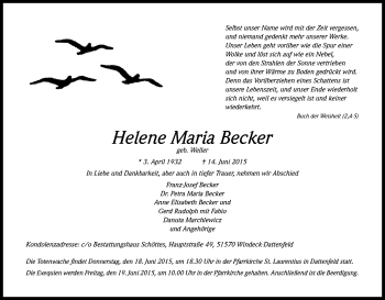 Anzeige von Helene Maria Becker von Kölner Stadt-Anzeiger / Kölnische Rundschau / Express