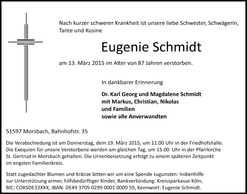  Traueranzeige für Eugenie Schmidt vom 18.03.2015 aus  Lokalanzeiger 