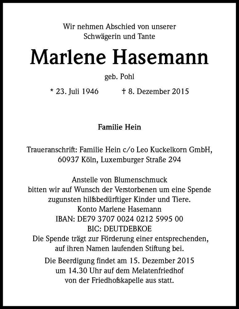  Traueranzeige für Marlene Hasemann vom 12.12.2015 aus Kölner Stadt-Anzeiger / Kölnische Rundschau / Express