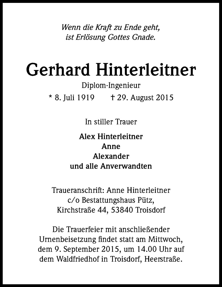  Traueranzeige für Gerhard Hinterleitner vom 05.09.2015 aus Kölner Stadt-Anzeiger / Kölnische Rundschau / Express