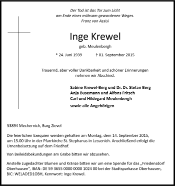 Anzeige von Inge Krewel von Kölner Stadt-Anzeiger / Kölnische Rundschau / Express