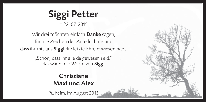  Traueranzeige für Siggi Petter vom 15.08.2015 aus  Sonntags-Post 