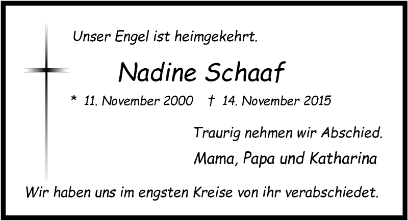  Traueranzeige für Nadine Schaaf vom 25.11.2015 aus  Anzeigen Echo 