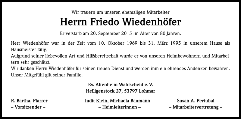  Traueranzeige für Friedo Wiedenhöfer vom 14.11.2015 aus Köln - Wir Trauern