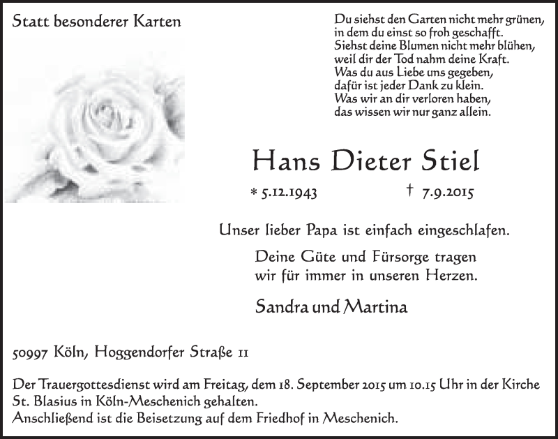  Traueranzeige für Hans Dieter Stiel vom 16.09.2015 aus  Schlossbote/Werbekurier 