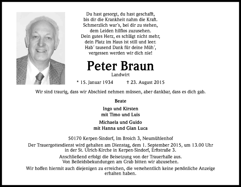  Traueranzeige für Peter Braun vom 29.08.2015 aus Kölner Stadt-Anzeiger / Kölnische Rundschau / Express