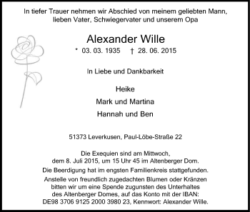 Anzeige von Alexander Wille von Kölner Stadt-Anzeiger / Kölnische Rundschau / Express