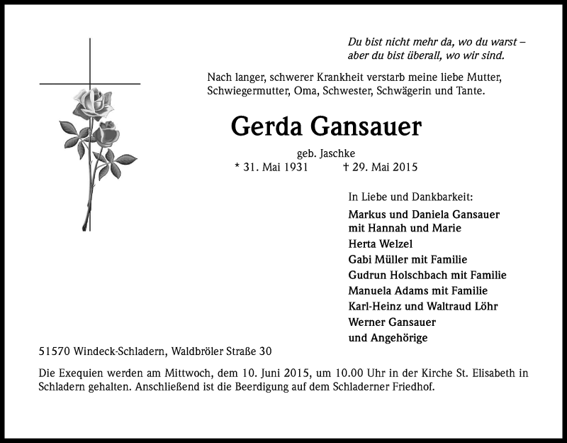  Traueranzeige für Gerda Gansauer vom 06.06.2015 aus Kölner Stadt-Anzeiger / Kölnische Rundschau / Express