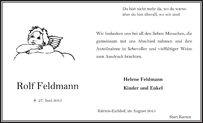  Traueranzeige für Rolf Feldmann vom 08.08.2015 aus  Bergisches Sonntagsblatt 