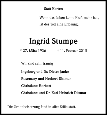 Anzeige von Ingrid Stumpe von Kölner Stadt-Anzeiger / Kölnische Rundschau / Express