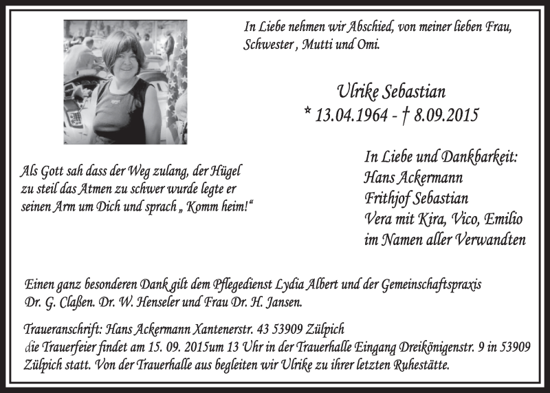  Traueranzeige für Ulrike Sebastian vom 13.09.2015 aus  Blickpunkt Euskirchen 