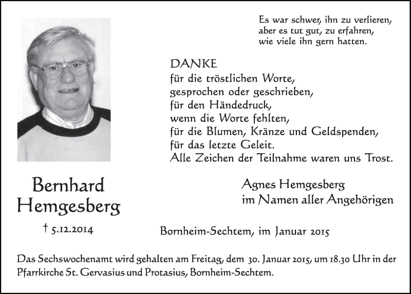  Traueranzeige für Bernhard Hemgesberg vom 21.01.2015 aus  Schlossbote/Werbekurier 