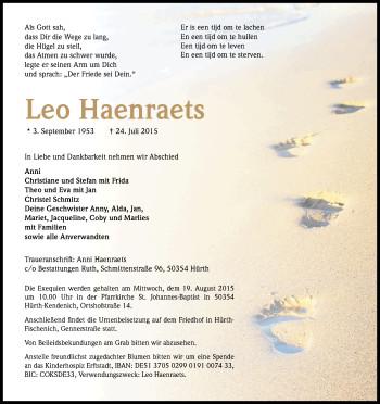 Anzeige von Leo Haenraets von Kölner Stadt-Anzeiger / Kölnische Rundschau / Express