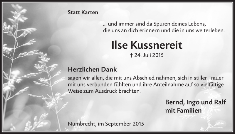  Traueranzeige für Ilse Kussnereit vom 02.09.2015 aus  Lokalanzeiger 