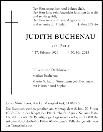 Anzeige von Judith Buchenau von Kölner Stadt-Anzeiger / Kölnische Rundschau / Express