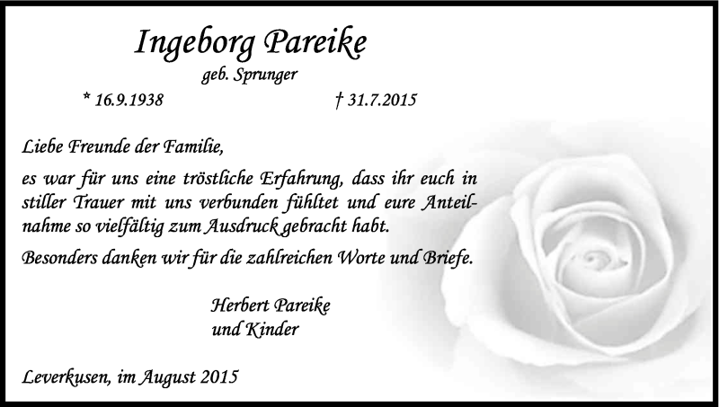  Traueranzeige für Inge Pareike vom 22.08.2015 aus Kölner Stadt-Anzeiger / Kölnische Rundschau / Express