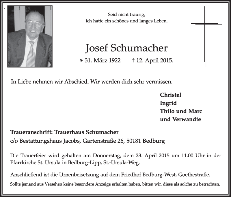 Traueranzeige für Josef Schumacher vom 18.04.2015 aus  Sonntags-Post 