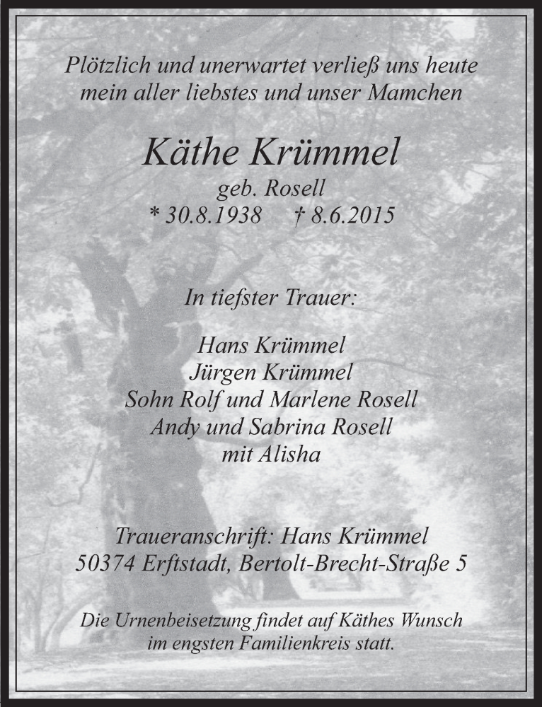  Traueranzeige für Käthe Krümmel vom 10.06.2015 aus  Werbepost 