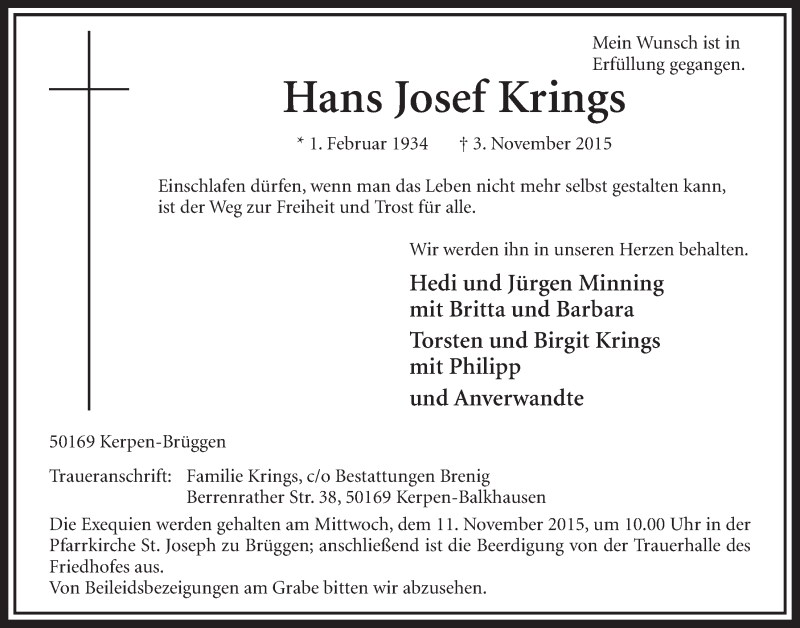  Traueranzeige für Hans Josef Krings vom 07.11.2015 aus  Sonntags-Post 