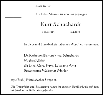 Anzeige von Kurt Schuchardt von Kölner Stadt-Anzeiger / Kölnische Rundschau / Express