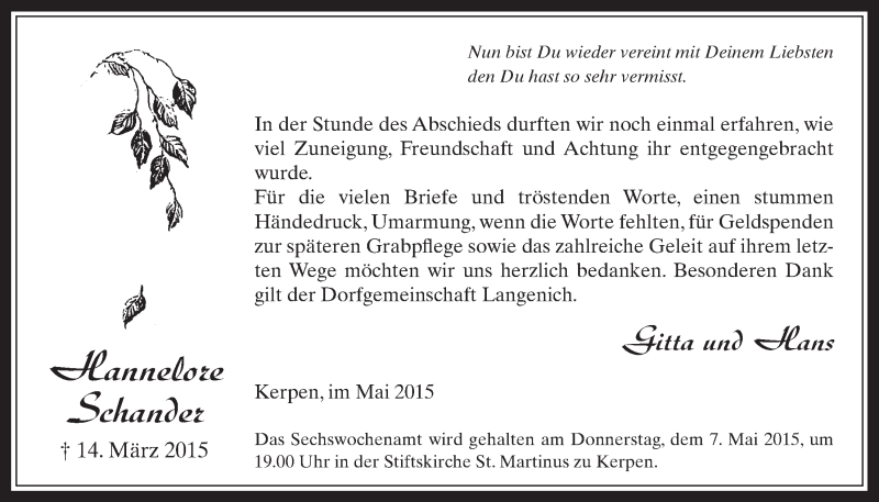 Traueranzeige für Hannelore Schander vom 29.04.2015 aus  Werbepost 