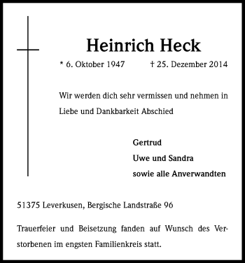 Anzeige von Heinrich Heck von Kölner Stadt-Anzeiger / Kölnische Rundschau / Express