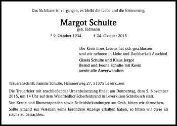 Anzeige von Margot Schulte von Kölner Stadt-Anzeiger / Kölnische Rundschau / Express