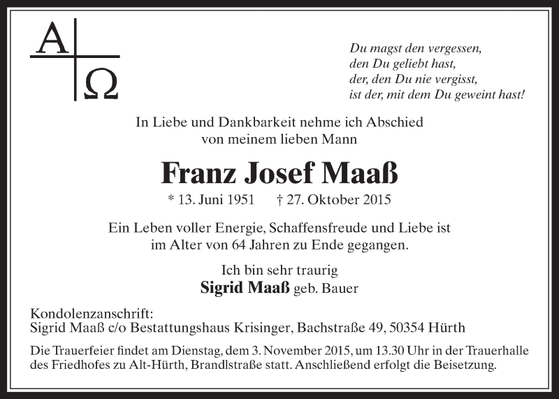  Traueranzeige für Franz Josef Maaß vom 31.10.2015 aus  Sonntags-Post 