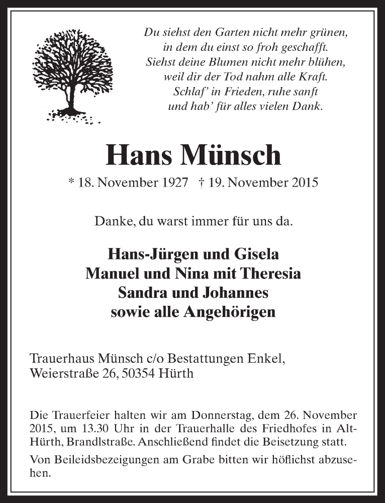  Traueranzeige für Hans Münsch vom 25.11.2015 aus  Wochenende 