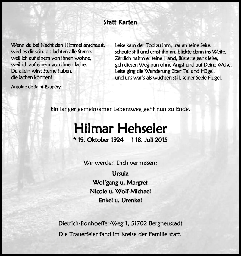  Traueranzeige für Hilmar Hehseler vom 29.07.2015 aus Kölner Stadt-Anzeiger / Kölnische Rundschau / Express