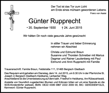 Anzeige von Günter Rupprecht von Kölner Stadt-Anzeiger / Kölnische Rundschau / Express