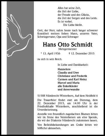 Anzeige von Hans Otto Schmidt von Kölner Stadt-Anzeiger / Kölnische Rundschau / Express