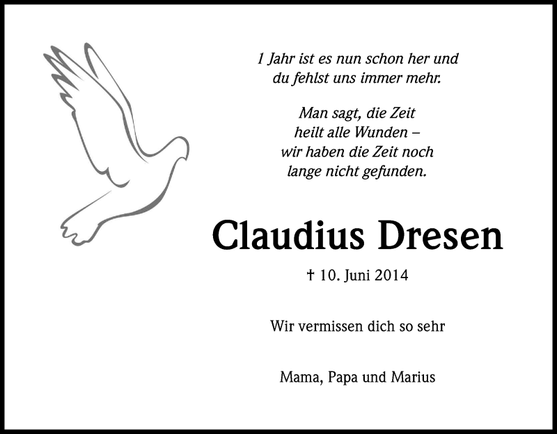  Traueranzeige für Claudius Dresen vom 10.06.2015 aus Kölner Stadt-Anzeiger / Kölnische Rundschau / Express