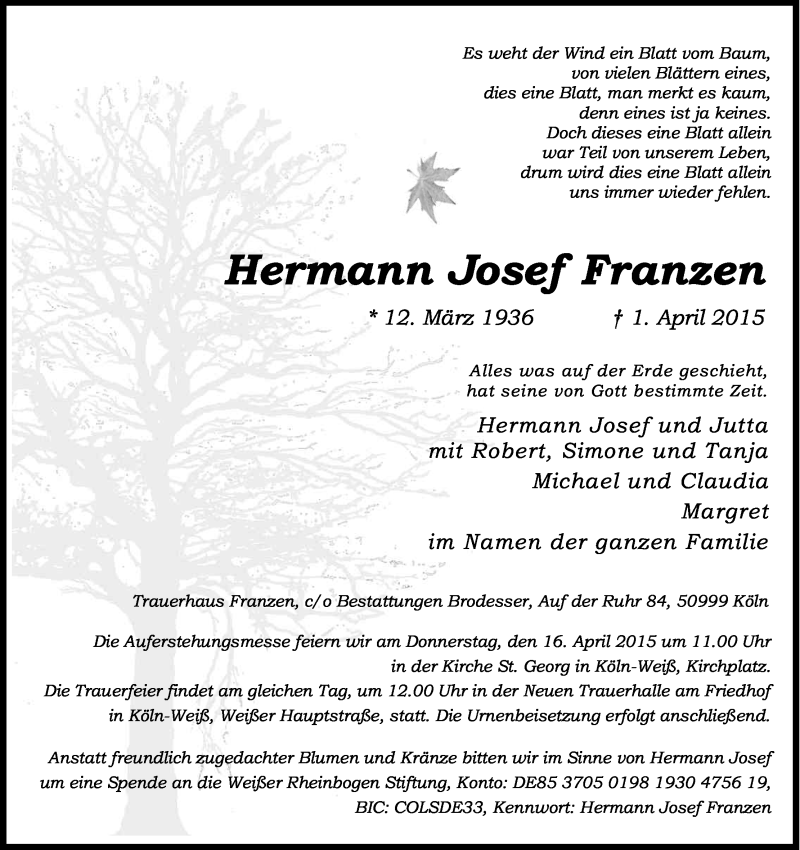  Traueranzeige für Hermann Josef Franzen vom 11.04.2015 aus Kölner Stadt-Anzeiger / Kölnische Rundschau / Express