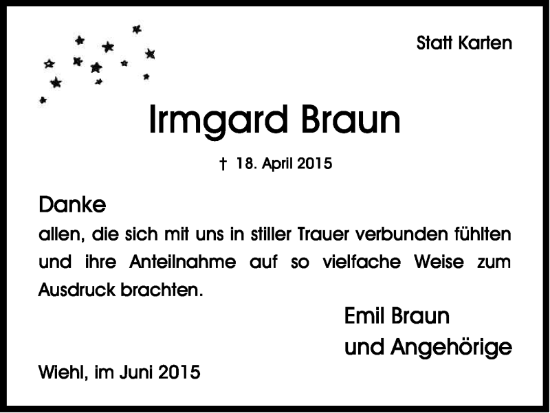  Traueranzeige für Irmgard Braun vom 27.06.2015 aus Kölner Stadt-Anzeiger / Kölnische Rundschau / Express