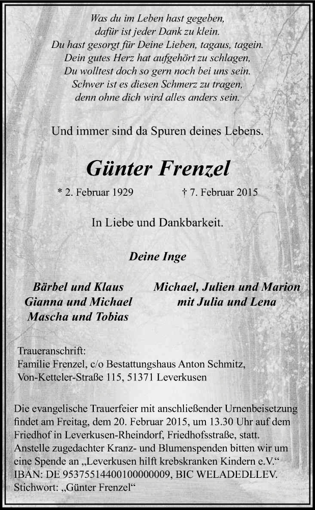  Traueranzeige für Günter Frenzel vom 14.02.2015 aus Kölner Stadt-Anzeiger / Kölnische Rundschau / Express