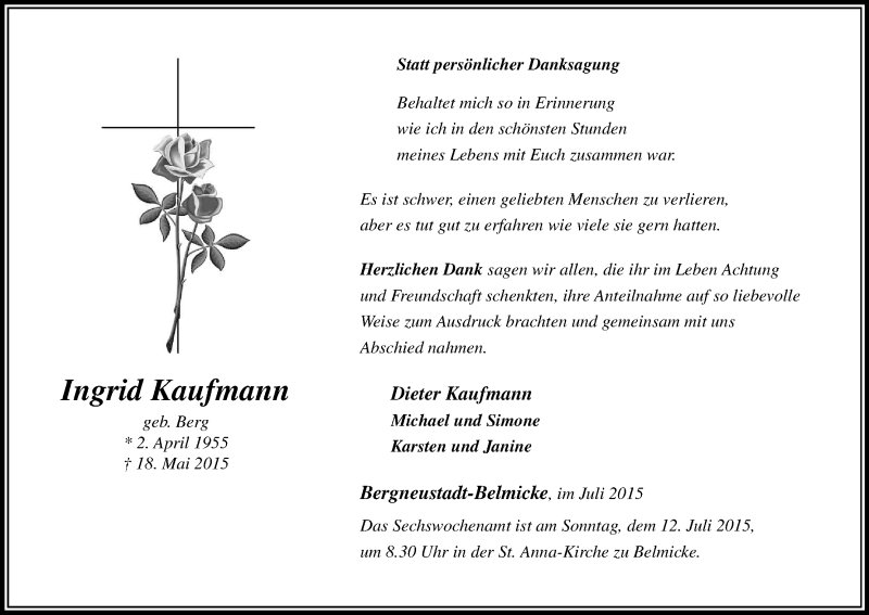  Traueranzeige für Ingrid Kaufmann vom 08.07.2015 aus Kölner Stadt-Anzeiger / Kölnische Rundschau / Express