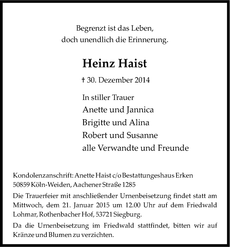  Traueranzeige für Heinz Haist vom 17.01.2015 aus Kölner Stadt-Anzeiger / Kölnische Rundschau / Express