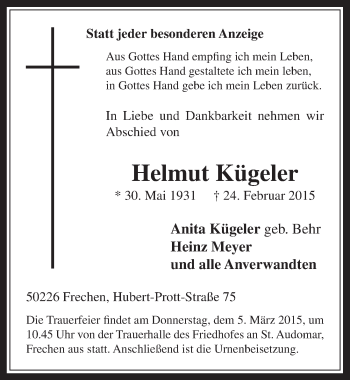 Anzeige von Helmut Kügeler von  Wochenende 