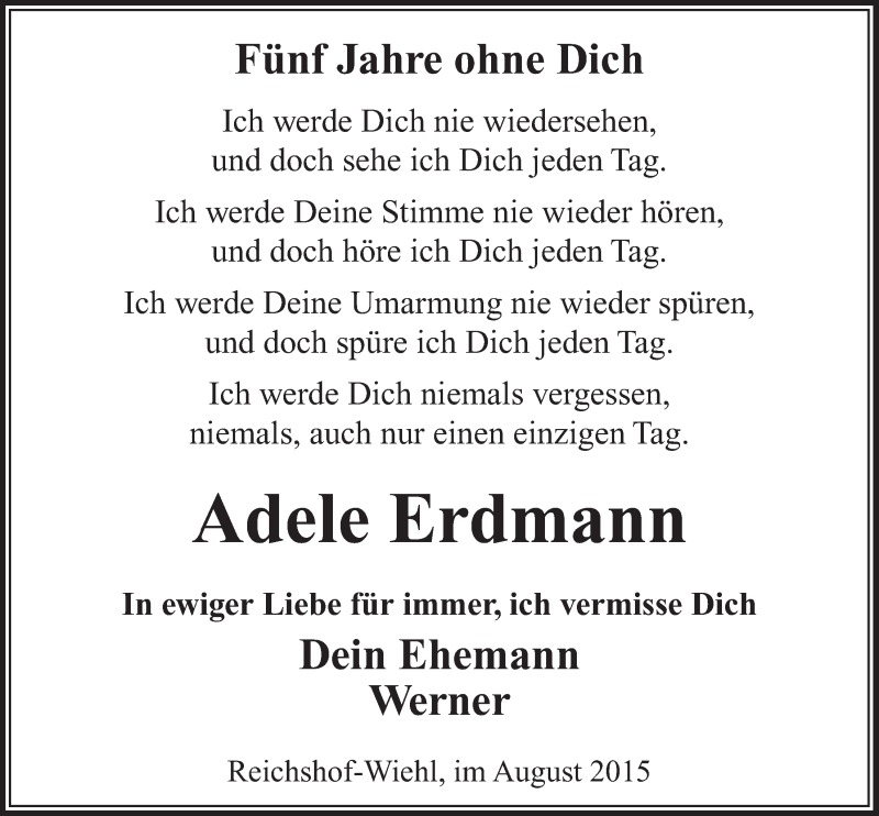  Traueranzeige für Adele Erdmann vom 26.08.2015 aus  Anzeigen Echo 