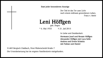 Anzeige von Leni Höffgen von Kölner Stadt-Anzeiger / Kölnische Rundschau / Express