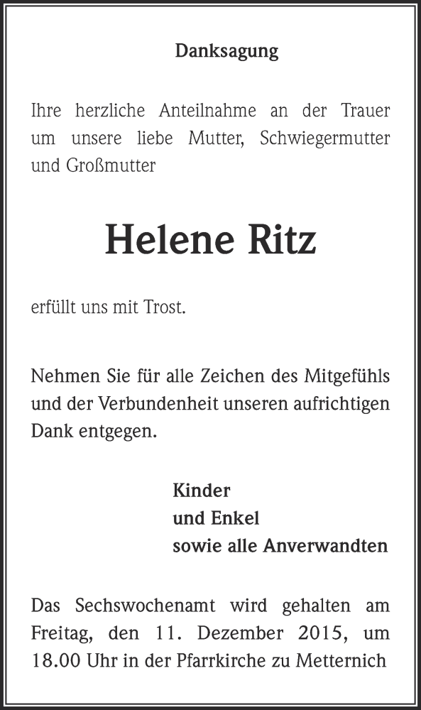  Traueranzeige für Helene Ritz vom 06.12.2015 aus  Blickpunkt Euskirchen 